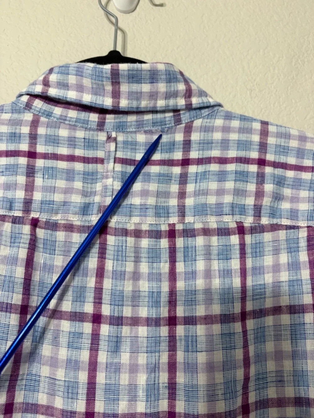 Men’s Banana Republic Linen Purple Blue Plaid Button-Down Shirt Camden Fit L